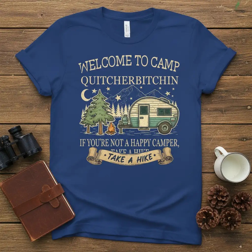 Welcome to Camp QuitcherBitchin humorous camping quote on a t-shirt with vintage camper graphic