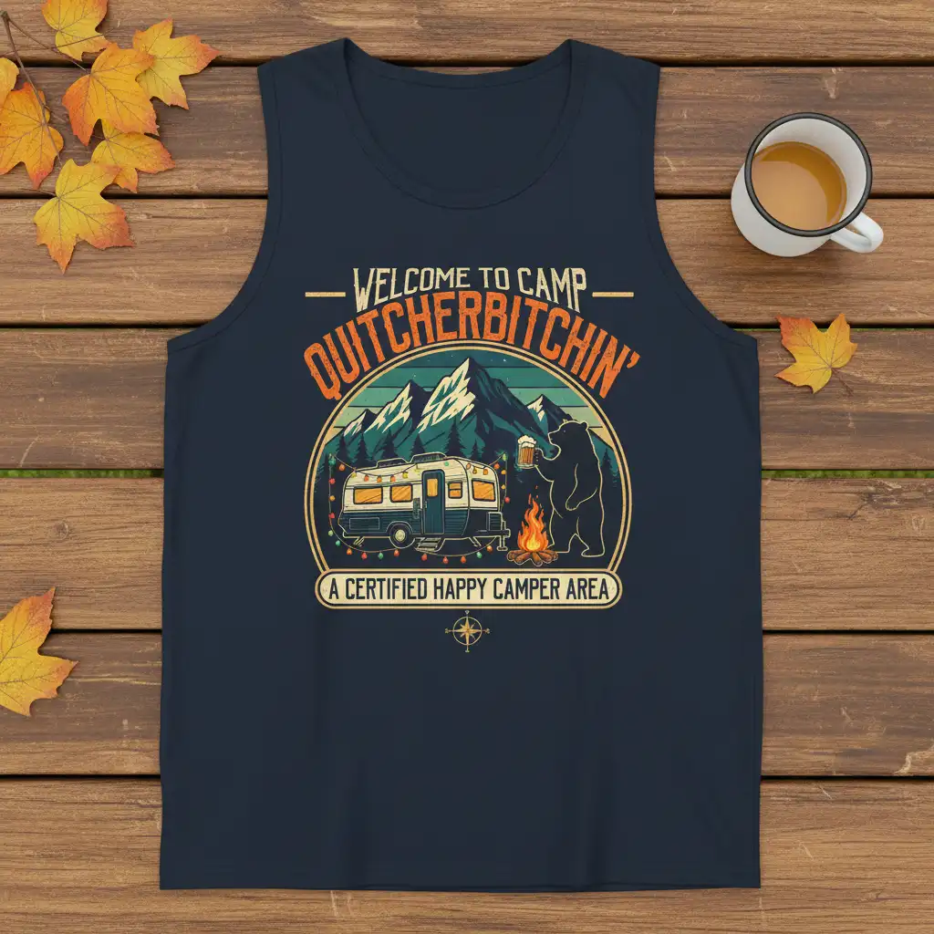 WELCOME TO CAMP QUITCHERBITCHIN' quote printed with unique artwork on durable material t-shirt design
