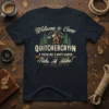 Welcome to Camp QUITCHERCRYIN IF YOU'RE NOT A HAPPY CAMPER Take A Hike! quote on a navy t-shirt with camping