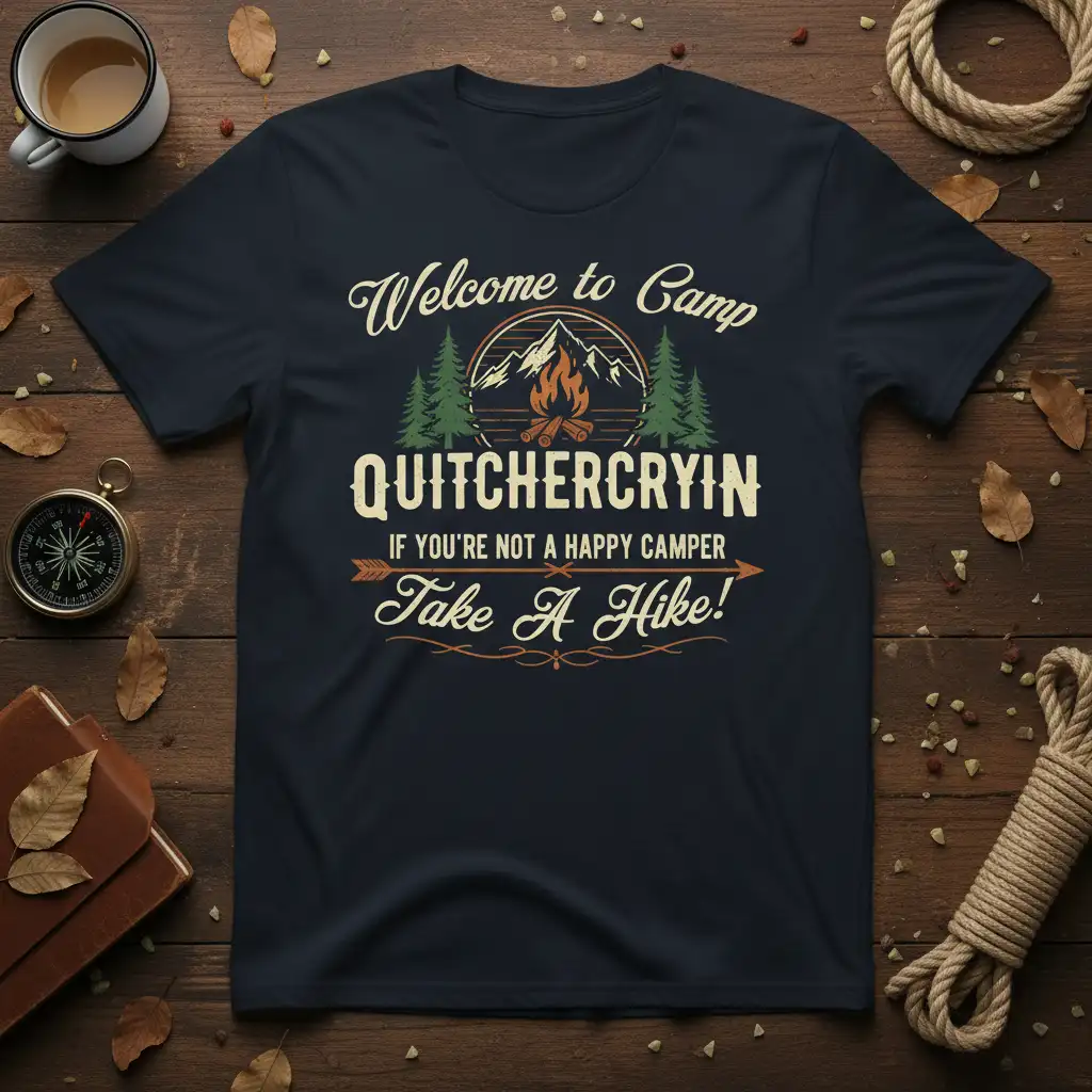 Welcome to Camp QUITCHERCRYIN IF YOU'RE NOT A HAPPY CAMPER Take A Hike! quote on t-shirt with campfire and mountain graphic