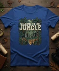 Welcome To Our Jungle T-Shirt featuring a jaguar and ancient ruins surrounded by lush jungle foliage