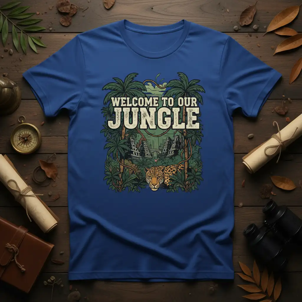 Welcome To Our Jungle T-Shirt design with jaguar and Mayan ruins amidst lush tropical greenery