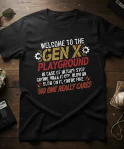 Black t-shirt with "Welcome to the Gen X Playground" text and humorous Gen X slogan