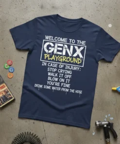 Navy blue t-shirt with "Welcome to the GenX Playground" and humorous injury advice in white and yellow text