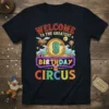 Welcome to the Greatest 9th Birthday Circus text design on a black t-shirt, featuring vintage circus elements and the number