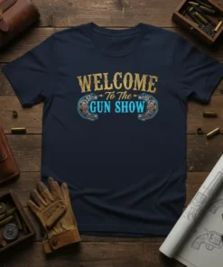 Welcome To The Gun Show text design with horseshoe graphics on a navy t-shirt, perfect for gun show attendees