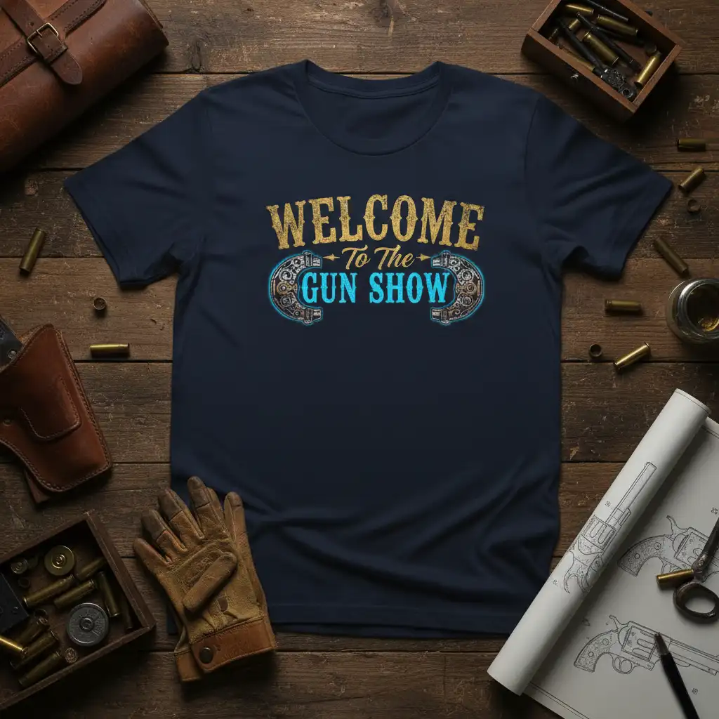 Welcome To The Gun Show quote with distressed gold lettering and blue horseshoe graphics on a navy t-shirt