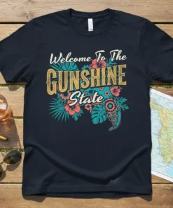 Welcome To The Gunshine State t-shirt design with tropical flowers and gears