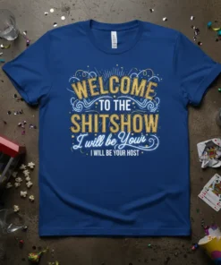 Welcome to the Shitshow I will be Your Host t-shirt with gold glittery text and white accents, on a royal