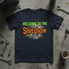 Welcome To The Shitshow text design with distressed gear graphic on a navy t-shirt