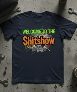 Welcome To The Shitshow text design with distressed gear graphic on a navy t-shirt