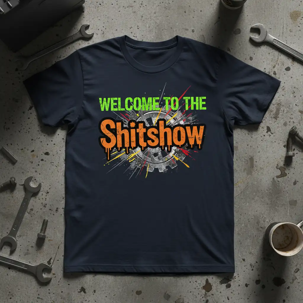Welcome To The Shitshow quote with distressed gear graphic on a navy t-shirt