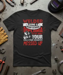 Black t-shirt with "Welder Using A High School Diploma To Fix What Your College Degree Messed Up" text and welder