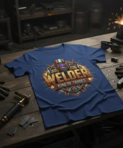 Welder King of Trades t-shirt design featuring a welding mask, gears, and tools with bold text