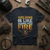 Welding Is Like Sewing With Fire quote on a dark t-shirt with graphic of welding torches and fire