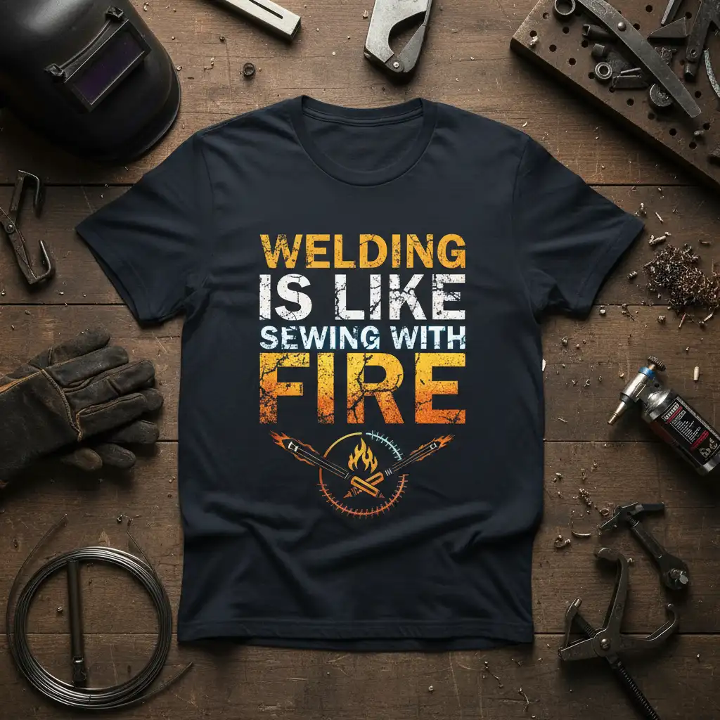Welding Is Like Sewing With Fire quote in distressed font with welding torch graphic
