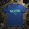 Well, Actually quote on a blue t-shirt with a green and orange circuit board design and a central CPU graphic