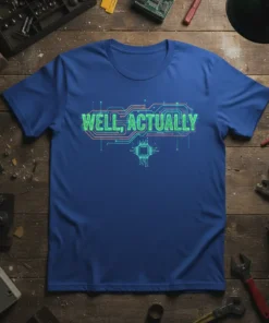 Well, Actually quote on a blue t-shirt with a green and orange circuit board design and a central CPU graphic