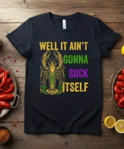T-shirt with "WELL IT AIN'T GONNA SUCK ITSELF" text and a green crawfish graphic, yellow, green, and purple text