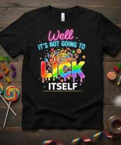 Black t-shirt with "Well It's Not Going To LICK ITSELF" text and rainbow lollipop graphic, surrounded by candies