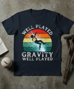Well Played Gravity Well Played funny falling t-shirt with a stick figure falling and colorful retro sunset graphic