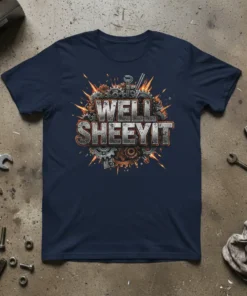 Well Sheeyit text with gears and sparks graphic on a navy blue t-shirt, perfect for mechanics and workshop humor