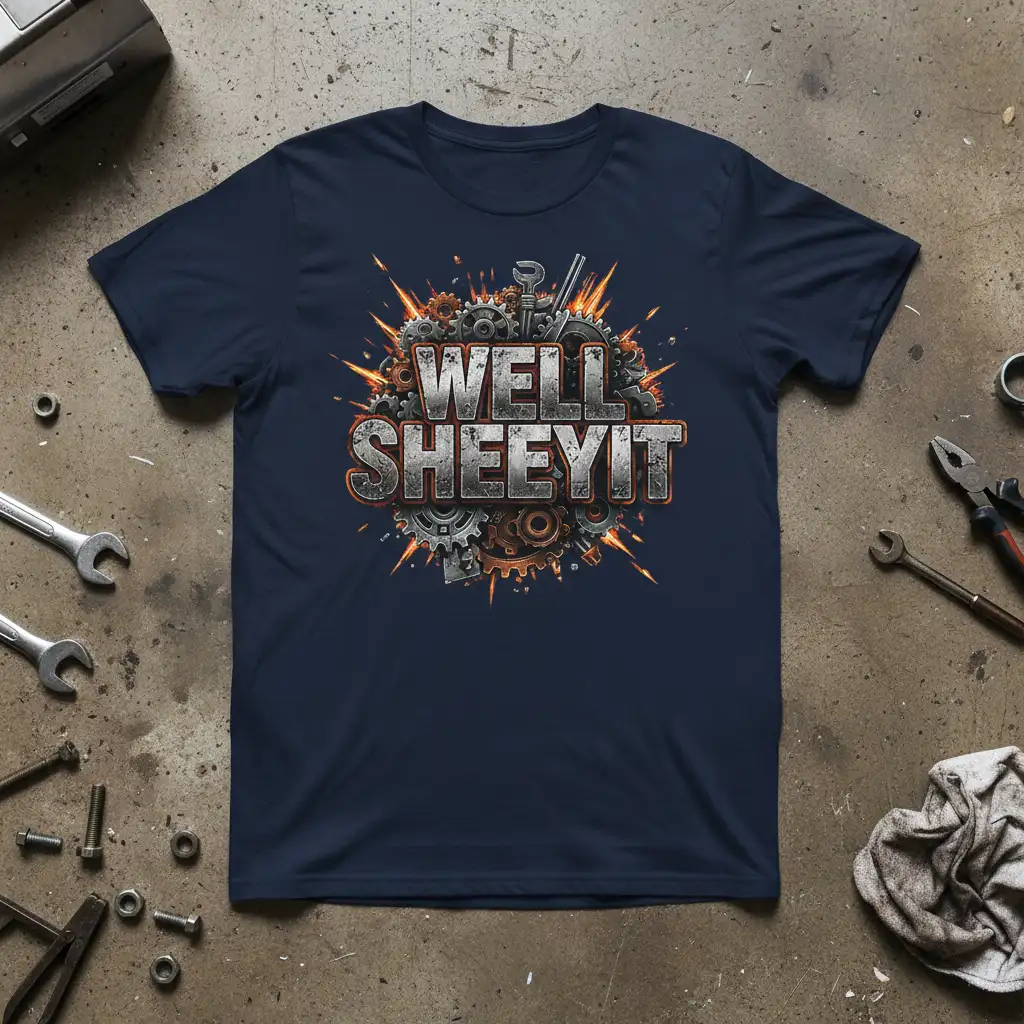 Well Sheeyit graphic t-shirt design featuring detailed gears, tools, and fiery sparks for mechanics and workshop humor