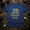 Blue t-shirt with gold glitter text "WELL, THAT'S UNFORTUNATE." and graphics of hourglass, broken gear, and skeleton hands