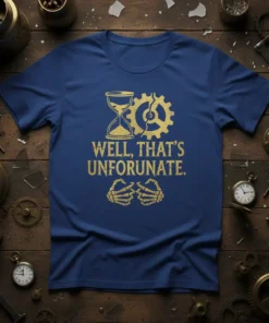 Blue t-shirt with gold glitter text "WELL, THAT'S UNFORTUNATE." and graphics of hourglass, broken gear, and skeleton hands
