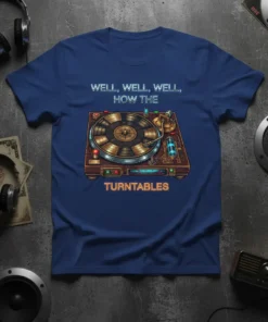 T-shirt design featuring the quote "Well, Well, Well, How The Turntables" above a detailed illustration of a vintage record player