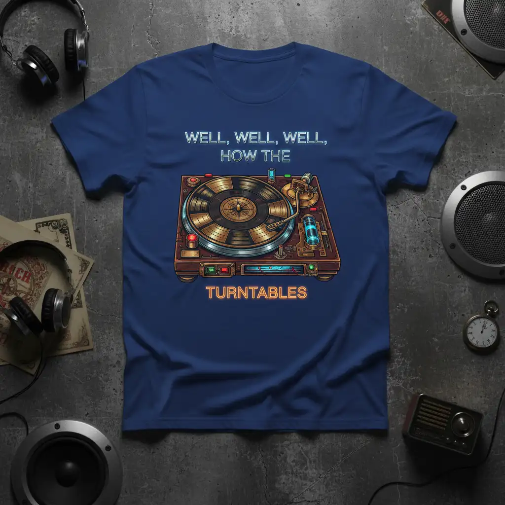 Well, Well, Well, How The Turntables quote with vintage record player graphic on a blue t-shirt