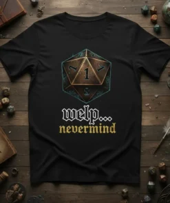 Funny "welp... nevermind" quote with a D20 dice graphic on a black t-shirt, ideal for tabletop RPG players
