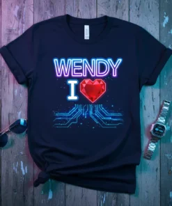 Wendy I Love Tech T-Shirt featuring neon text "WENDY", a red heart, and blue circuit board graphics