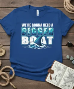 We're Gonna Need A Bigger Boat t-shirt with a shark fin breaking through ocean waves, bold blue and white text