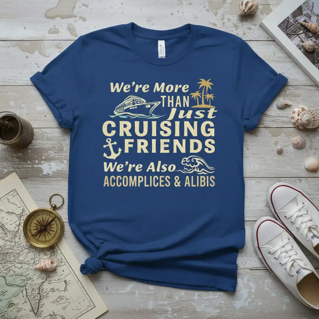We're More THAN Just CRUISING FRIENDS We're Also ACCOMPLICES & ALIBIS quote on navy shirt with cruise ship graphic