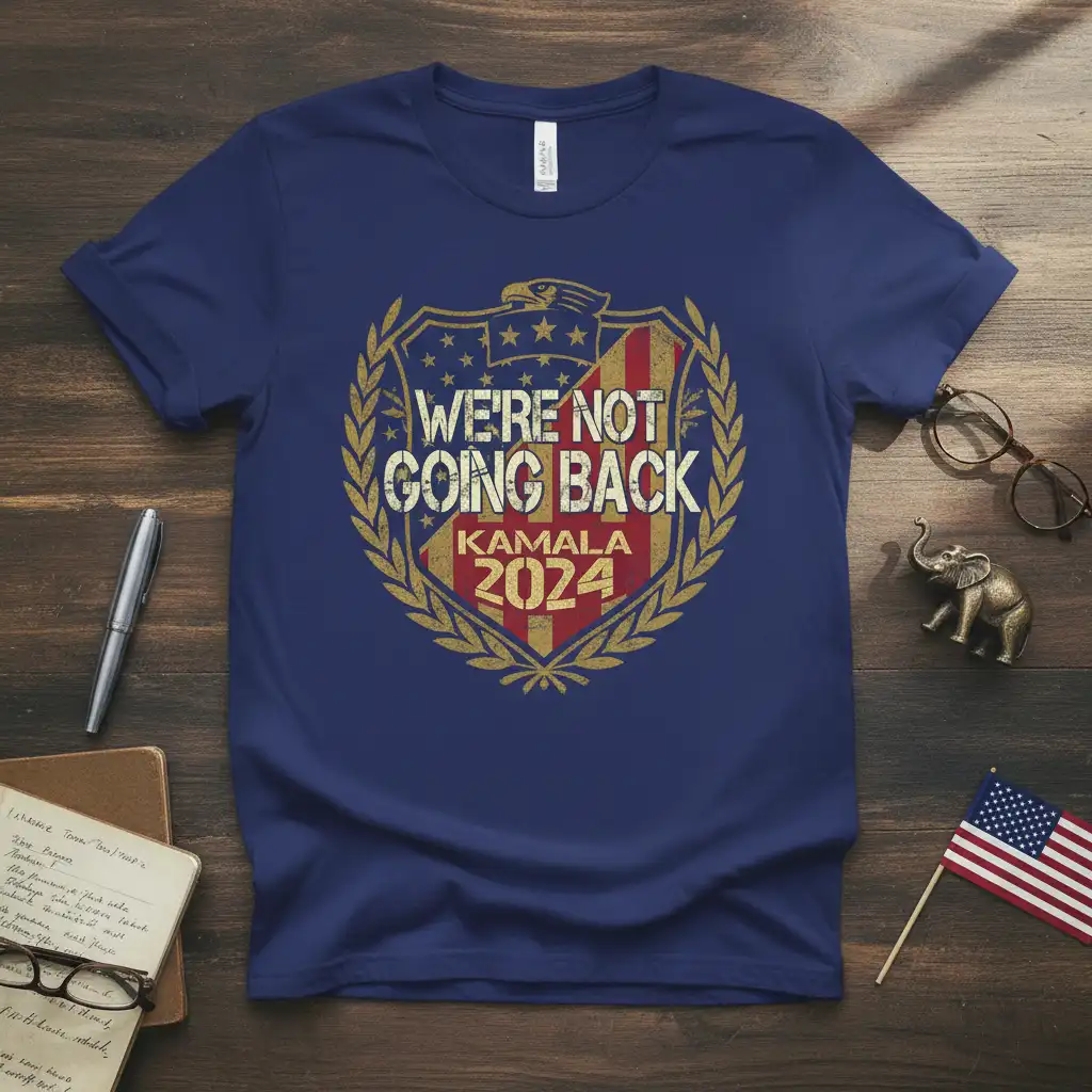 We're Not Going Back Kamala 2024 statement t-shirt with patriotic eagle emblem