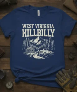 West Virginia Hillbilly t-shirt with retro mountain cabin and truck design, vintage style graphic