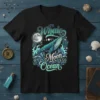 Whale Moon Ocean graphic t-shirt design with a whale swimming in waves under a full moon and moon phases