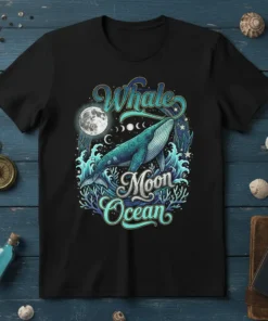 Whale Moon Ocean graphic t-shirt design with a whale swimming in waves under a full moon and moon phases