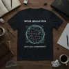 Black t-shirt with glowing blue circle of complex math and science equations, and text "What about this don't you understand?"