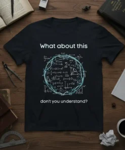 Black t-shirt with glowing blue circle of complex math and science equations, and text "What about this don't you understand?"