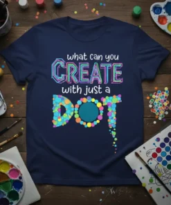 T-shirt with "what can you CREATE with just a DOT" text, featuring colorful dots forming the word DOT