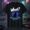 Black cat sitting on a DJ turntable with "What?" text above, in a retro synthwave style