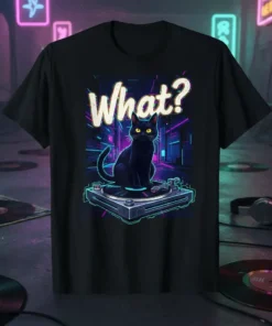 Black cat sitting on a DJ turntable with "What?" text above, in a retro synthwave style