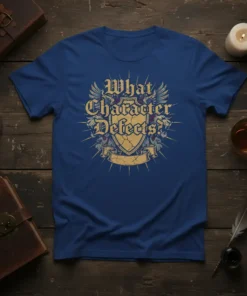 What Character Defects? text in gothic font on a vintage shield graphic, with wings and dragons, on a blue t-shirt