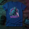 WHAT? cyberpunk robot cat with glowing red eyes holding a bloody knife, t-shirt design