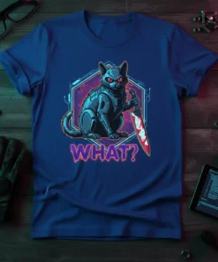 WHAT? cyberpunk robot cat with glowing red eyes holding a bloody knife, t-shirt design
