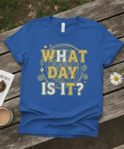 Blue t-shirt with distressed yellow and white text reading "WHAT DAY IS IT?"
