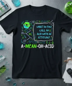 T-shirt with the science pun "WHAT DO YOU CALL AN ACID WITH AN ATTITUDE? A-MEAN-OH-ACID" and molecular graphics
