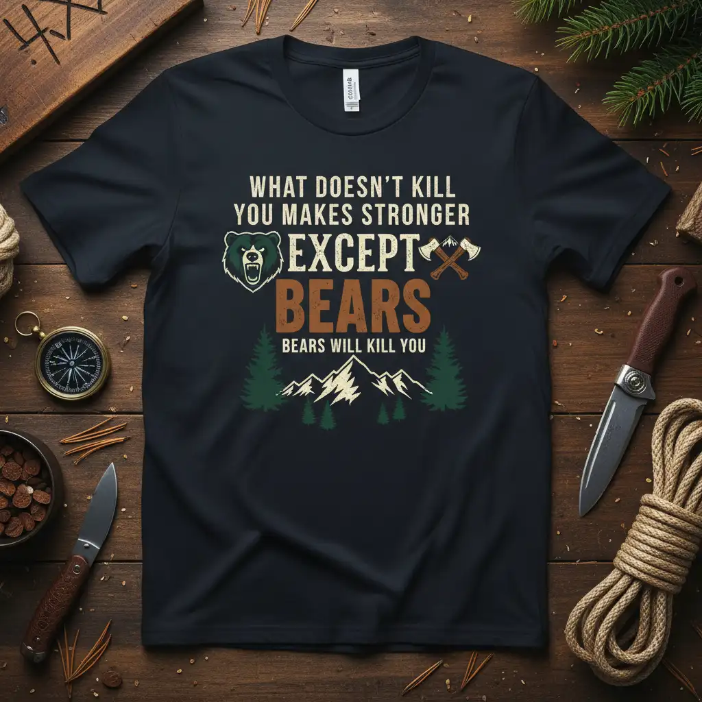 What Doesn't Kill You Makes Stronger Except Bears Bears Will Kill You quote on black t-shirt with bear and mountain graphic